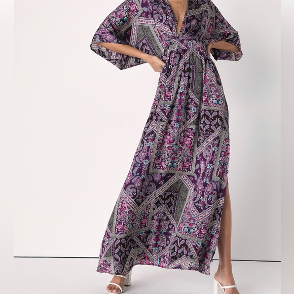 Romantically Retro Purple Multi Paisley Dolman Sleeve Maxi Dress - Picture 5 of 6